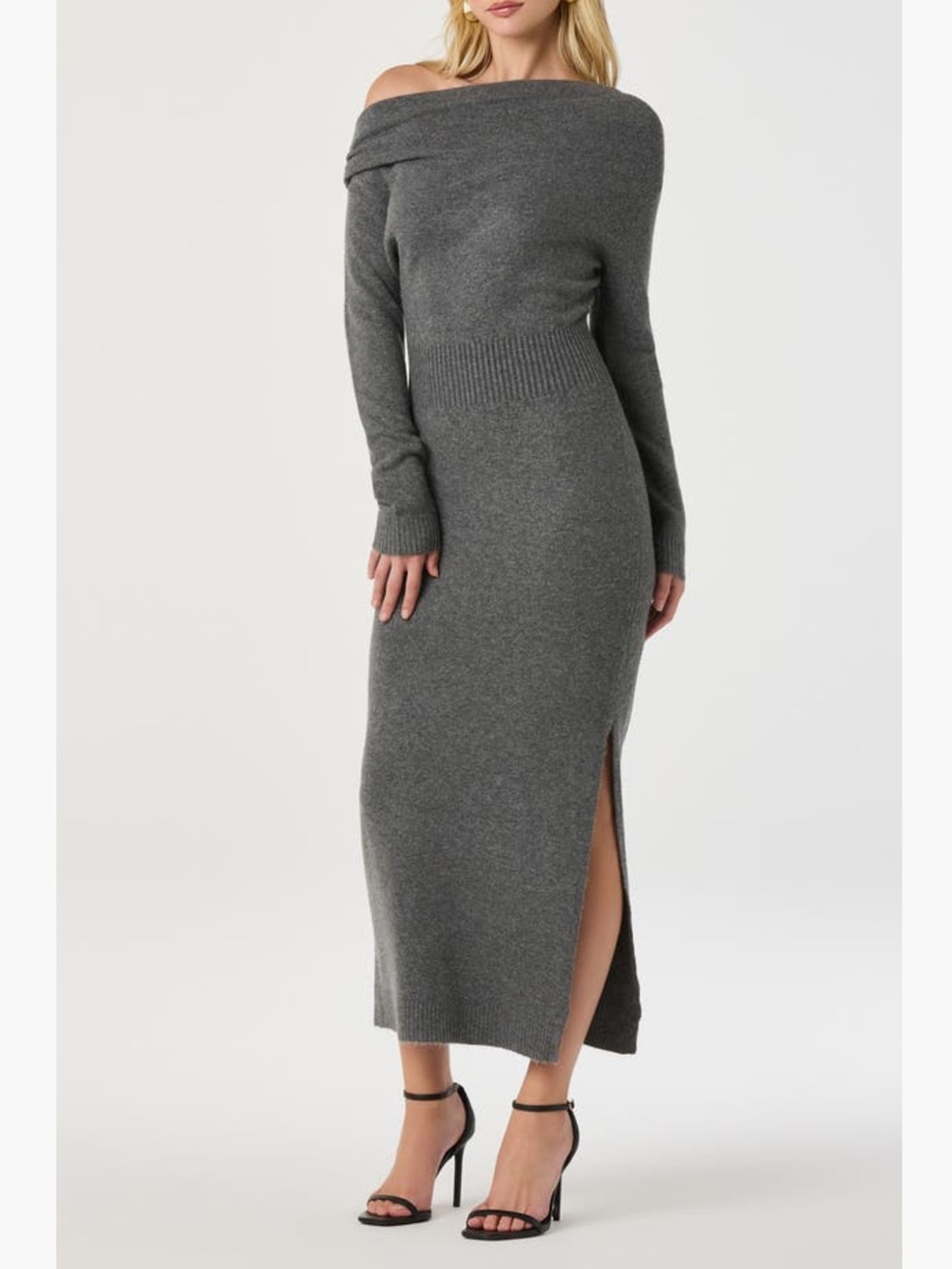 ASTR the Label Charcoal Grey Cora One Shoulder Long Sleeve Sweater Dress L NWT